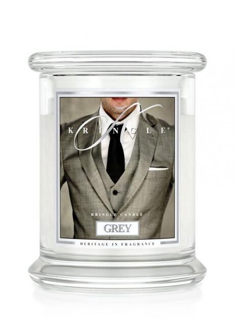 Grey Kringle Candle - średnia klasyczna świeca zapachowa (411g) z dwoma knotami