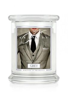 Grey Kringle Candle - średnia klasyczna świeca zapachowa (411g) z dwoma knotami