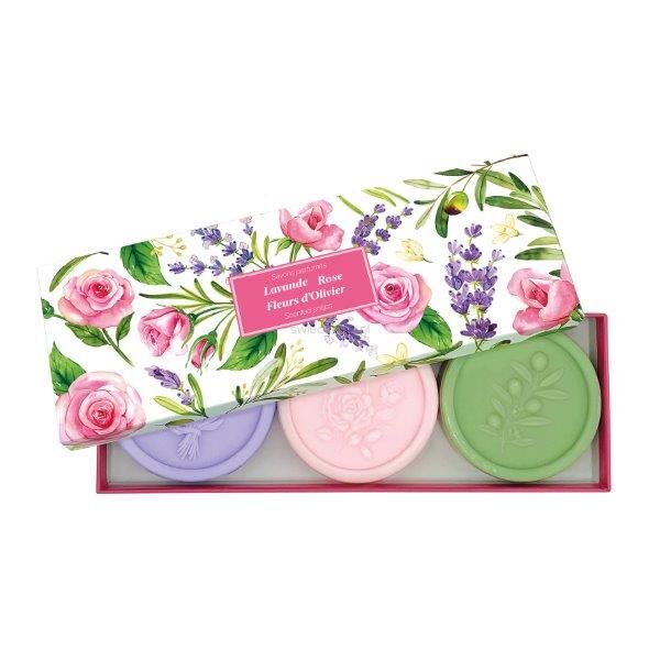 Zestaw prezentowy mydeł lawenda, róża i kwiat oliwki 3x100 g (Lavande, Rose & Fleurs d’Olivier) | Esprit Provence