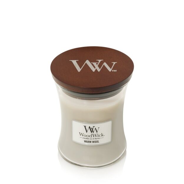 WoodWick - Warm Wool - średnia świeca zapachowa z drewnianym knotem